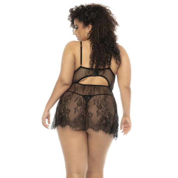 Nuisette noir Selma grande taille, en dentelle, avec armatures et string assorti inclus 